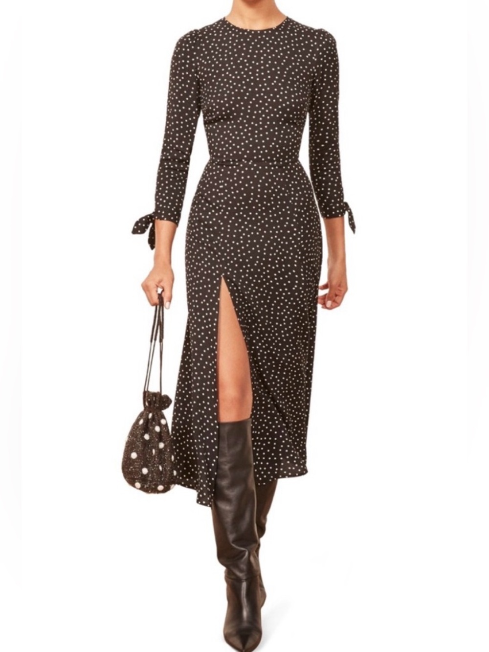 Reformation Zelda Polka Dot Long Sleeve Midi Dress with Front Slit